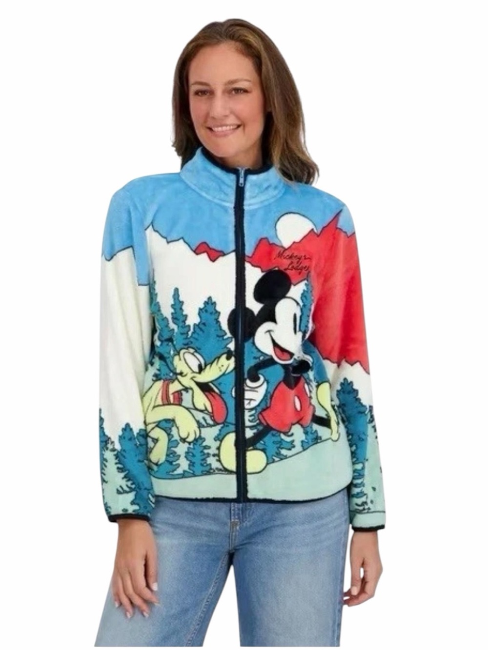 Disney Mickey’s Lodge Mickey Pluto Full Zip Fleece Jacket Womens XL Cozy